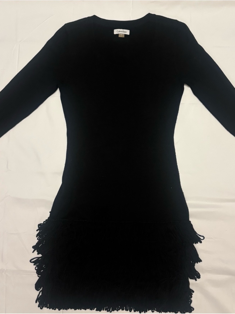 Calvin Klein Black Long-Sleeve Fringe Hem Dress